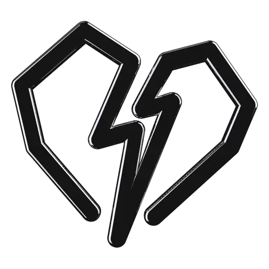 The broken-heart mark in black chrome, turning in 3D