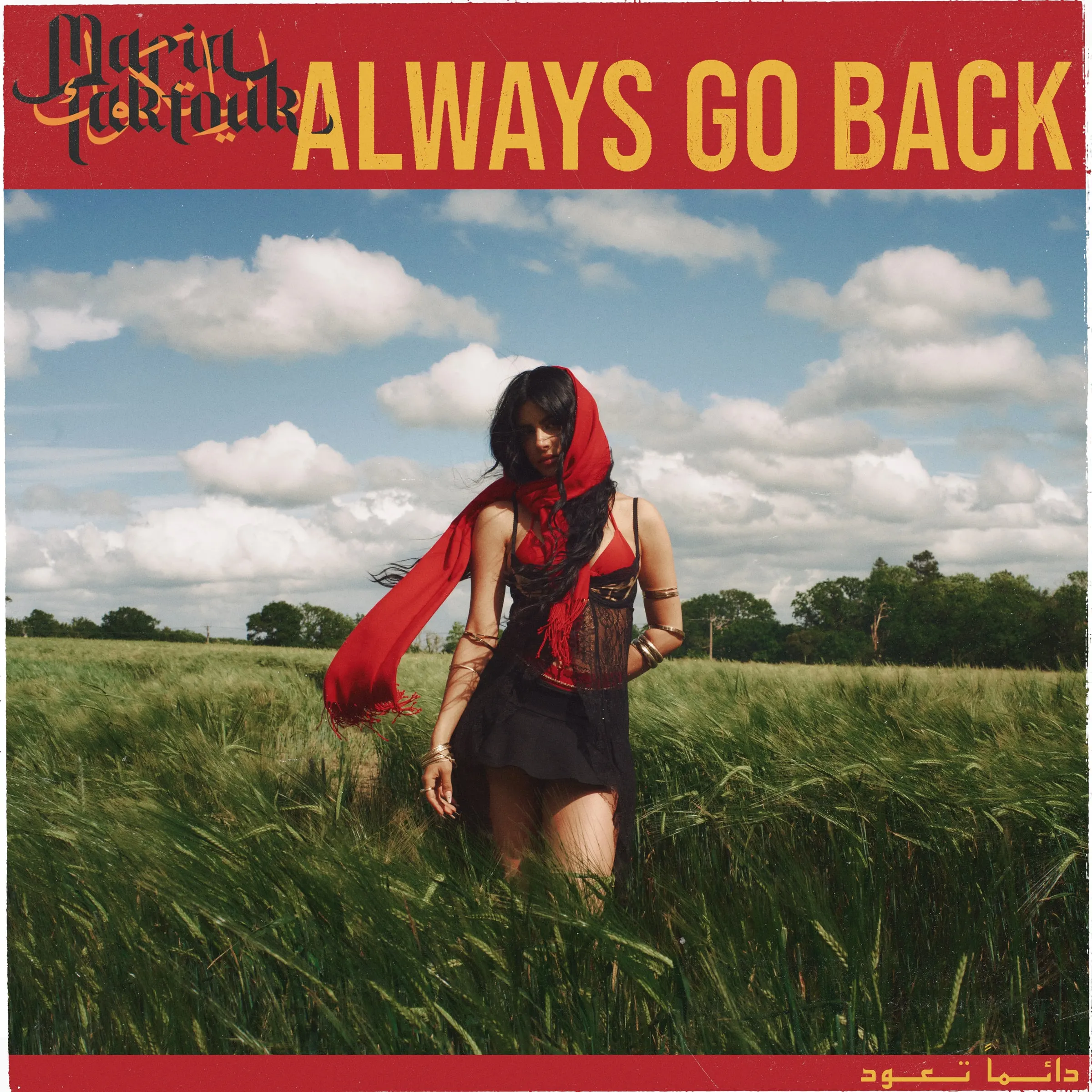 Always Go Back single artwork: Maria Taktouk in a red headscarf in a wheat field beneath a summer sky, with red title bands