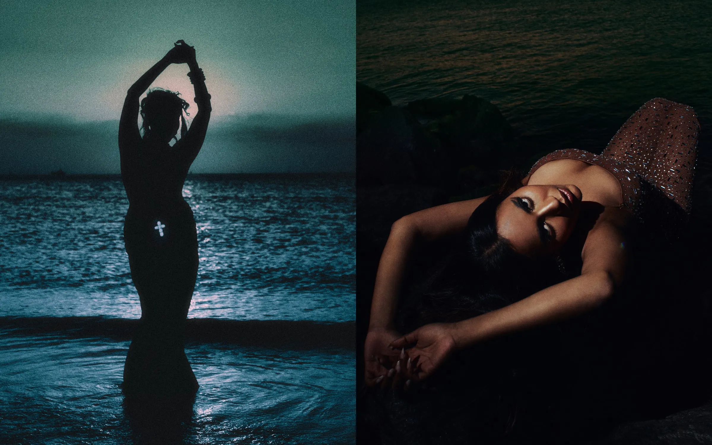 Diptych: Sherlyn in silhouette in the sea with arms raised, beside a portrait of her reclining on dark rocks in a sequinned dress