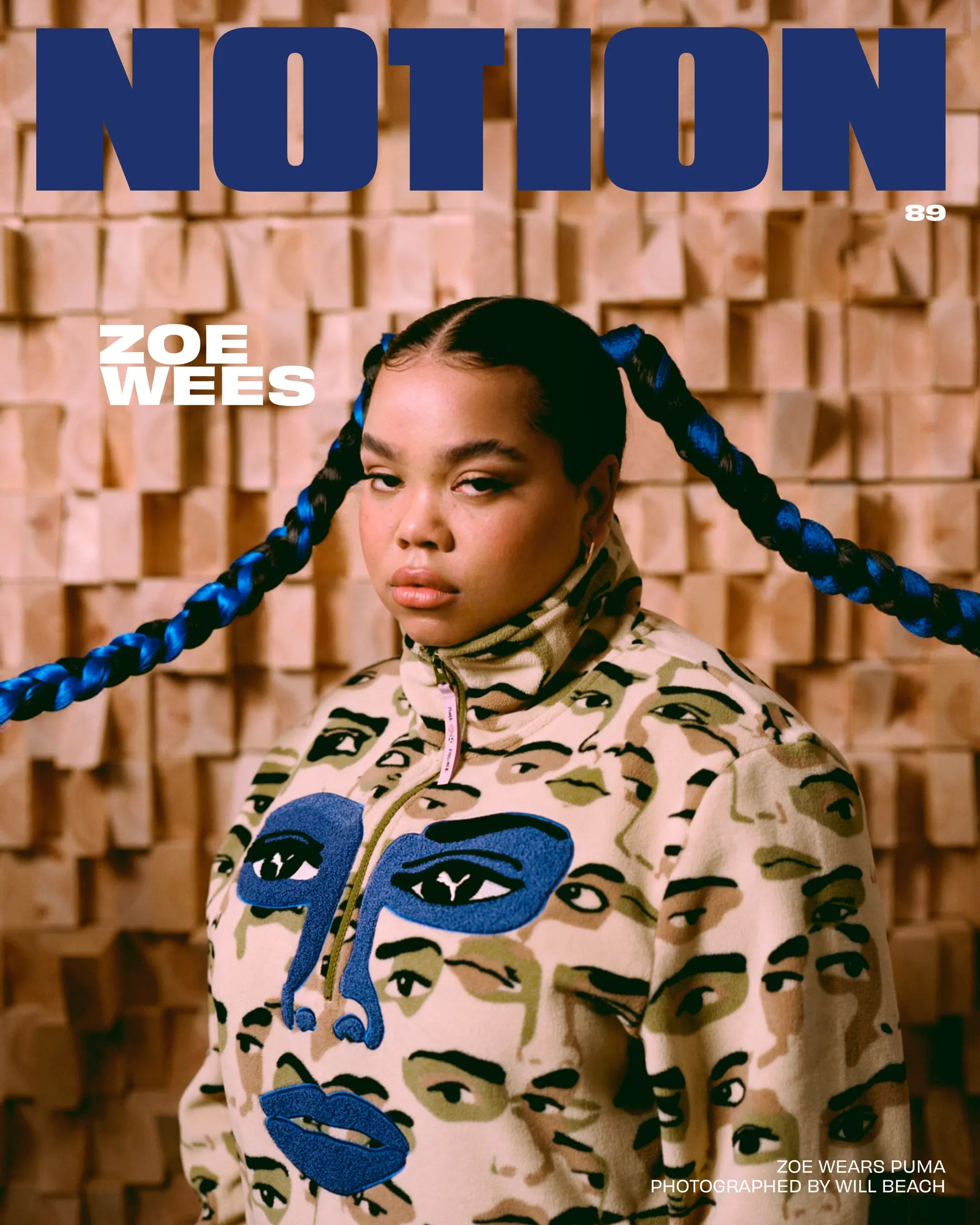 Notion issue 89 cover: Zoe Wees with long blue-threaded braids in a PUMA face-print fleece against a wooden acoustic wall